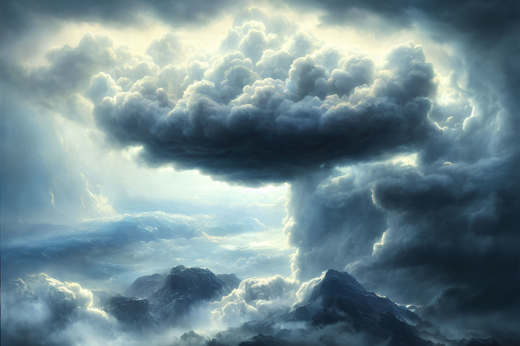 Dramatic skyscape with towering cumulonimbus cloud over rugged mountains