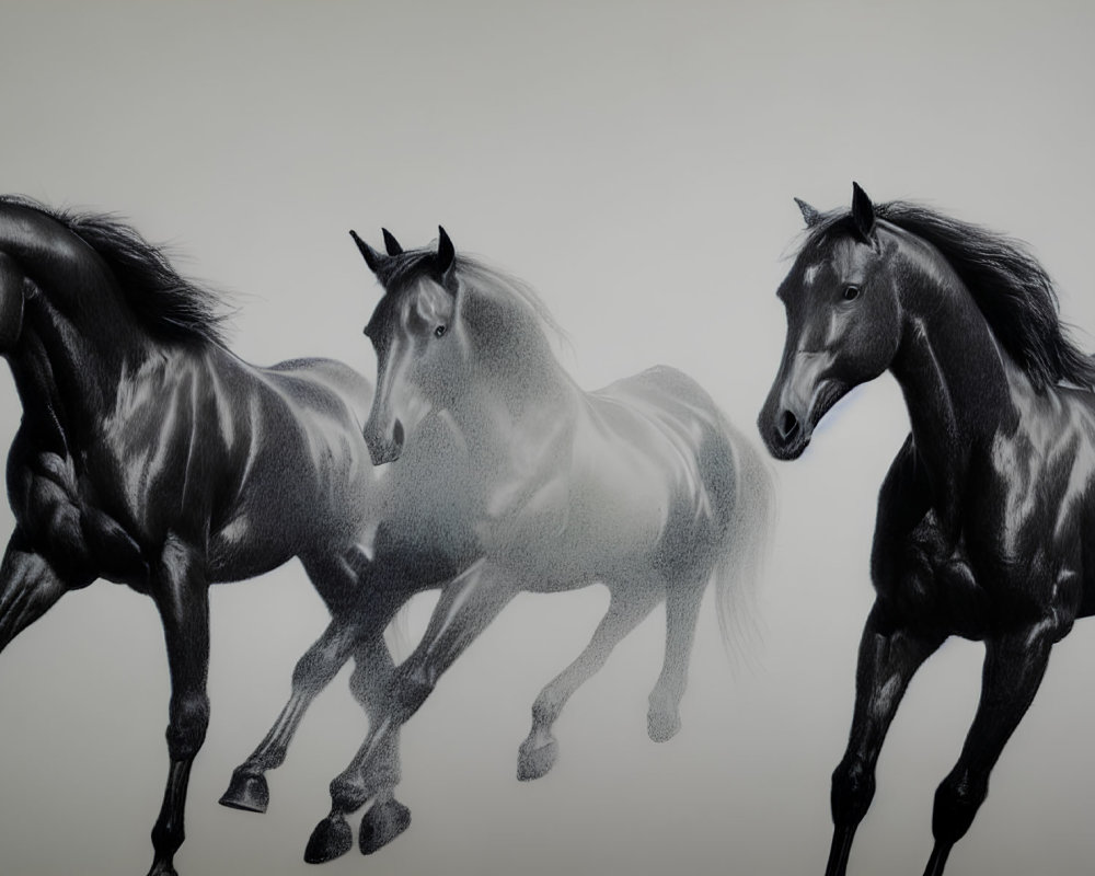 Illustration of Three Black Horses in Varying Opacity