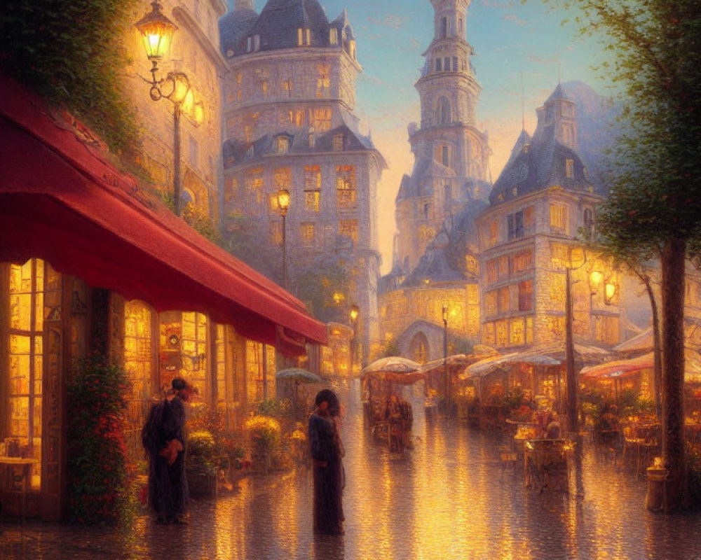 Cobblestoned street at twilight with romantic couple under umbrella
