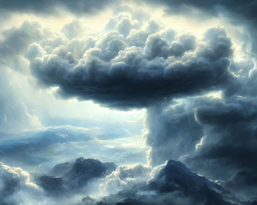 Dramatic skyscape with towering cumulonimbus cloud over rugged mountains