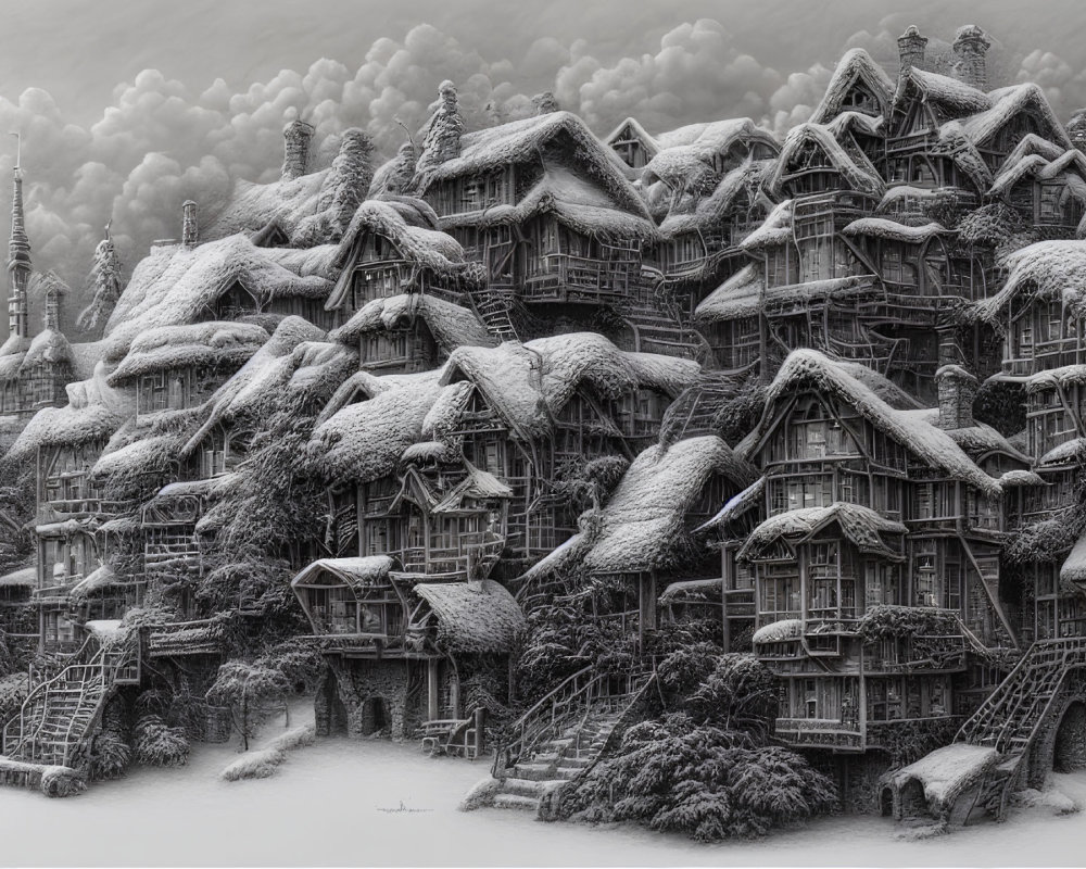 Snow-covered village with traditional houses and staircases in serene winter scene