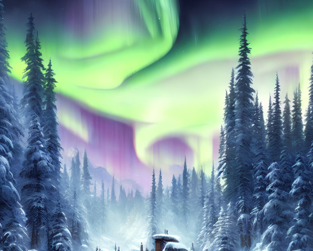 Snowy forest landscape under night sky with aurora borealis