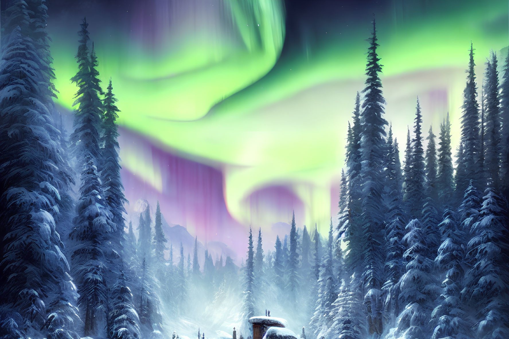 Snowy forest landscape under night sky with aurora borealis