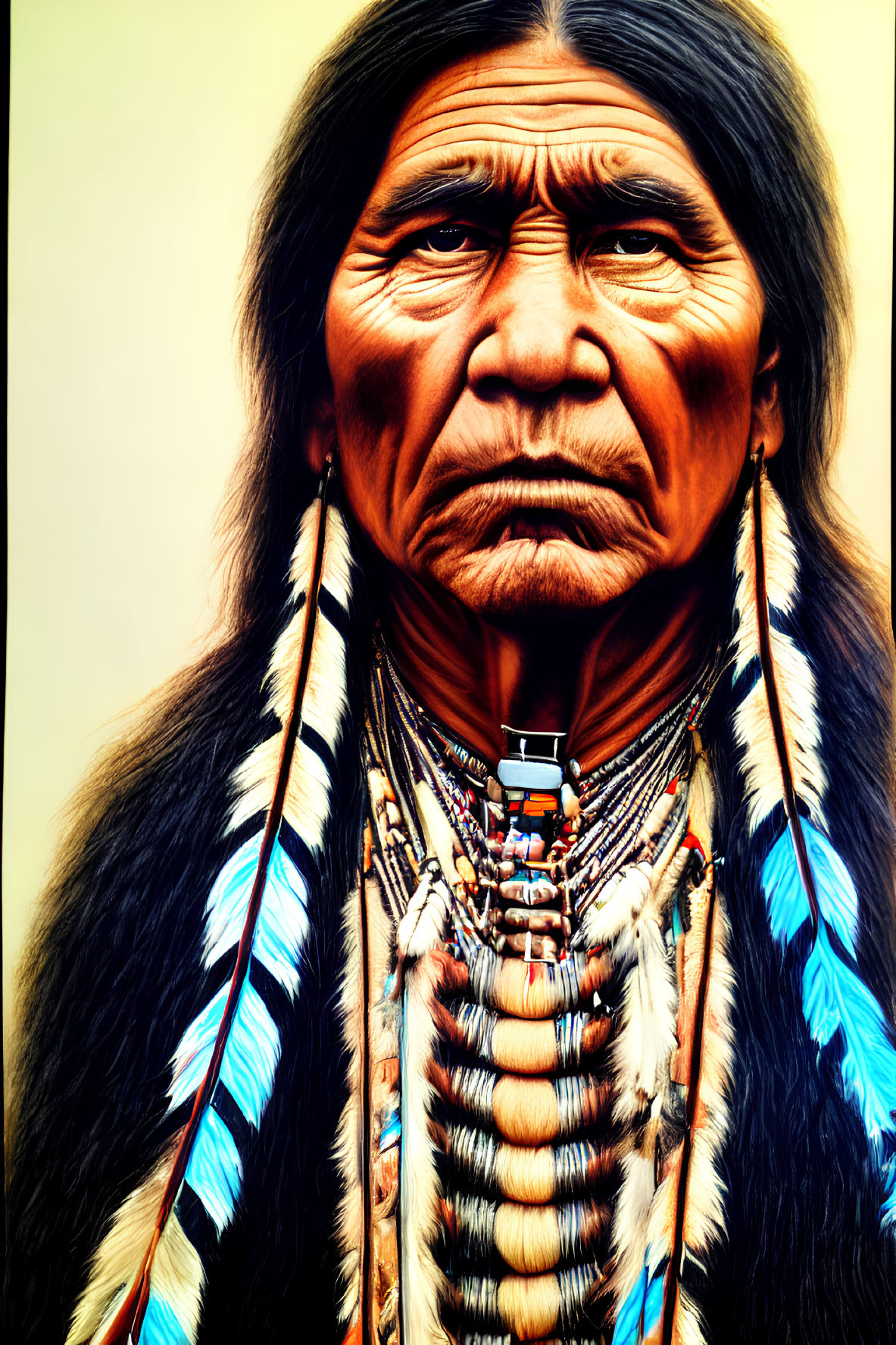Native American person portrait with long dark hair and traditional attire