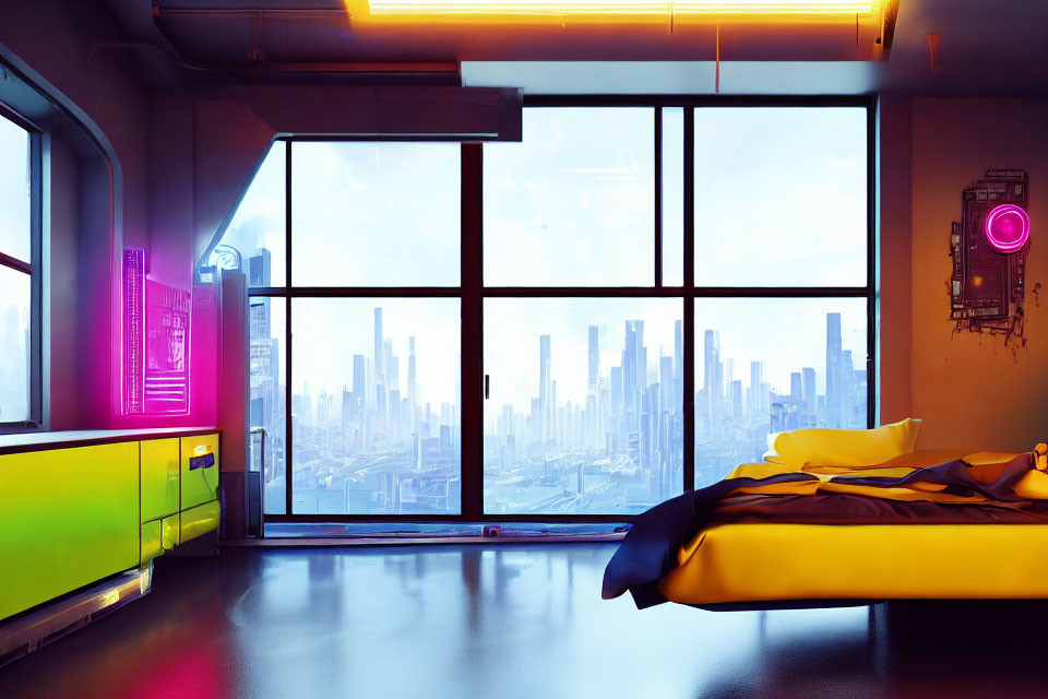 Futuristic Bedroom with Neon Lights and City View