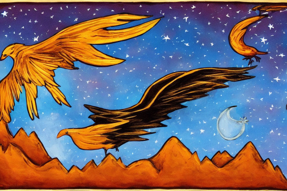 Stylized birds with feathers flying over desert landscape at night