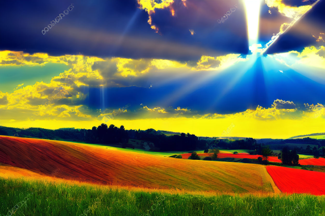 Colorful Landscape with Radiant Sunbeams and Dramatic Sky