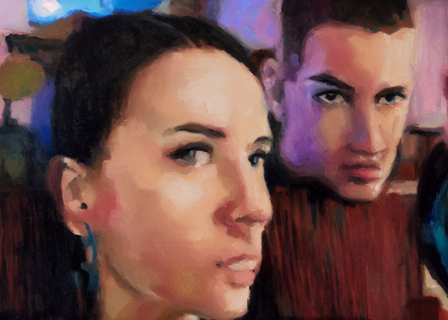 Contemplative woman and man in blurred background painting