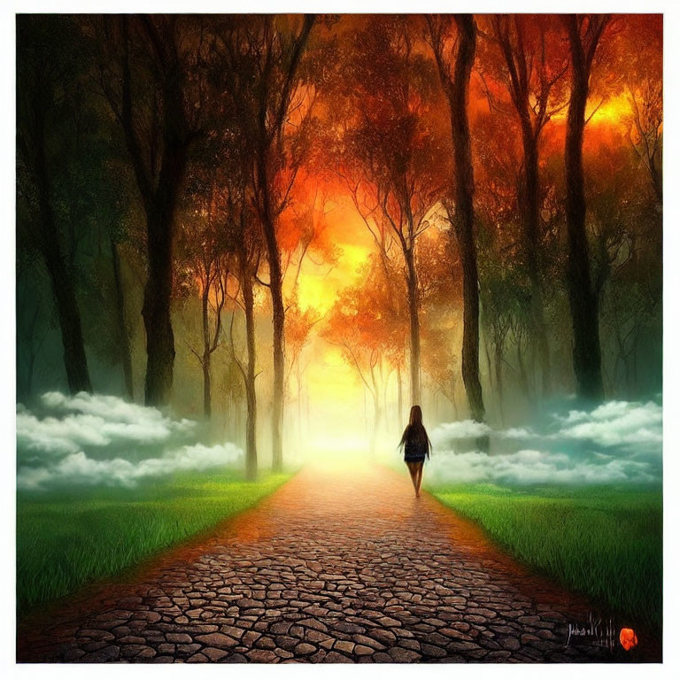 Solitary figure in misty autumn forest with fiery sky