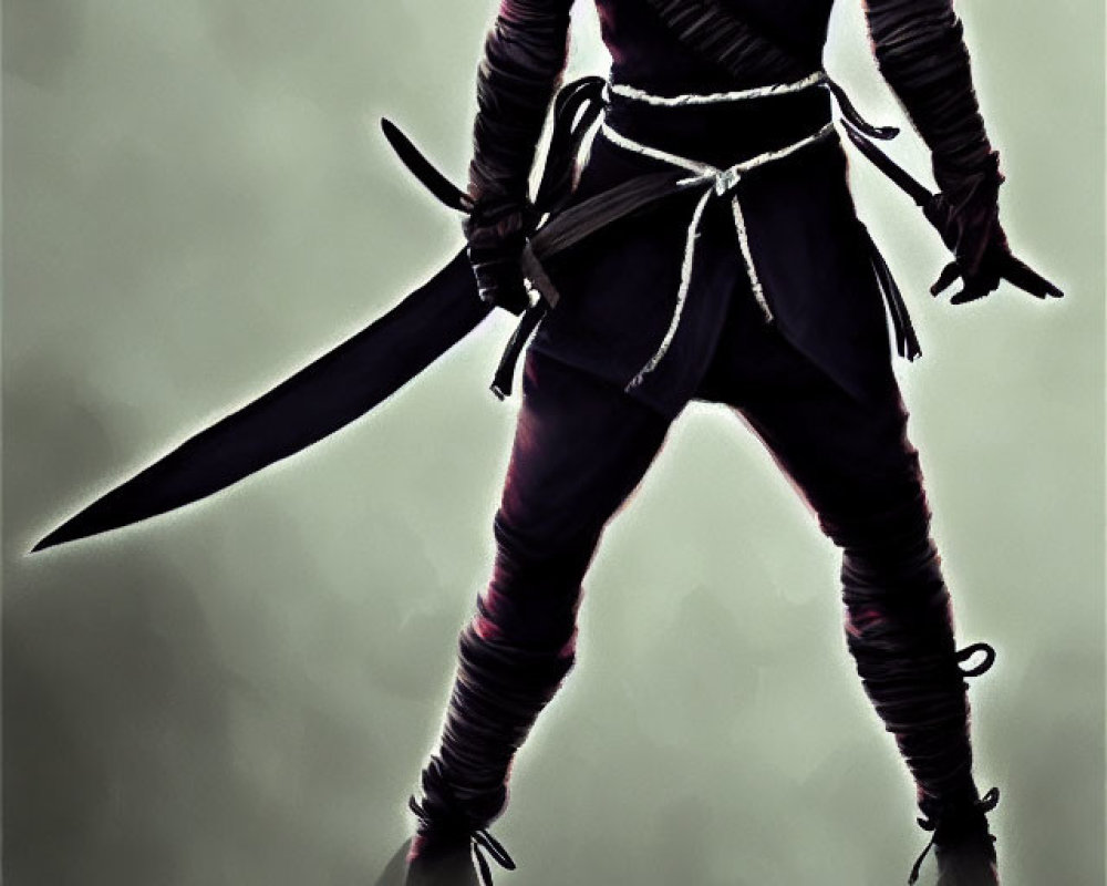 Ninja in combat stance with sword in hazy background
