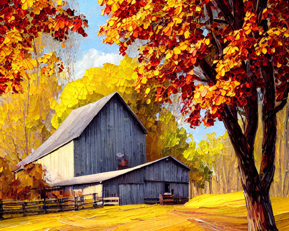 Vibrant autumn scene with classic barn and colorful foliage