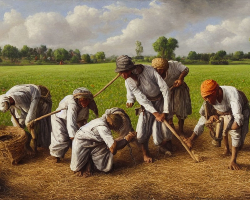 Workers harvesting wheat in field with sickles and basket under cloudy sky