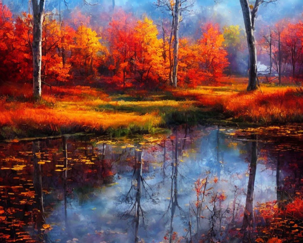 Tranquil pond reflects vibrant autumn forest