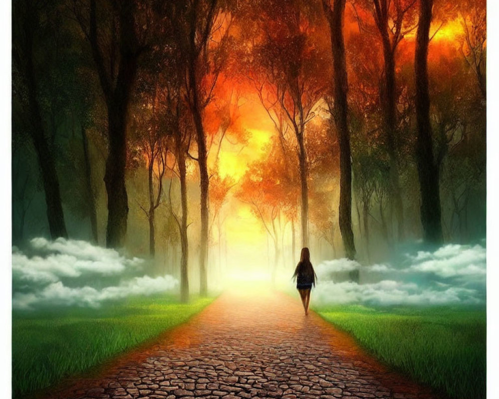 Solitary figure in misty autumn forest with fiery sky