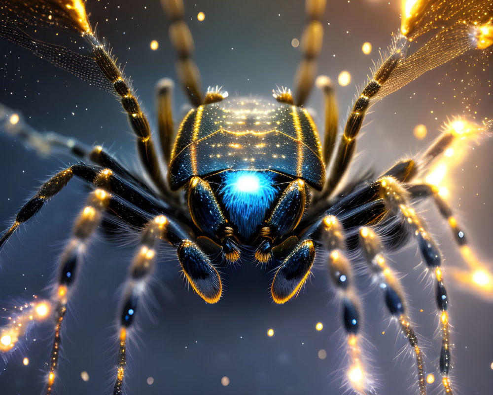 Golden spider digital art with blue glowing eye on starry night backdrop