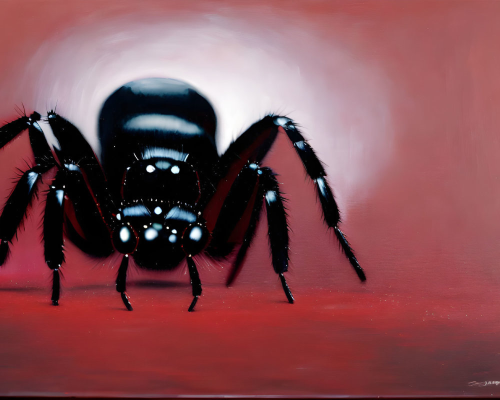 Reflective-eyed black spider on deep red background: surreal and menacing
