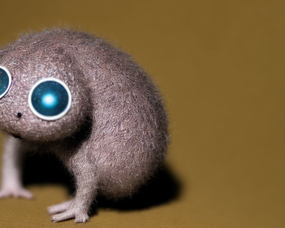 Exaggerated blue-eyed plush toy on brown background