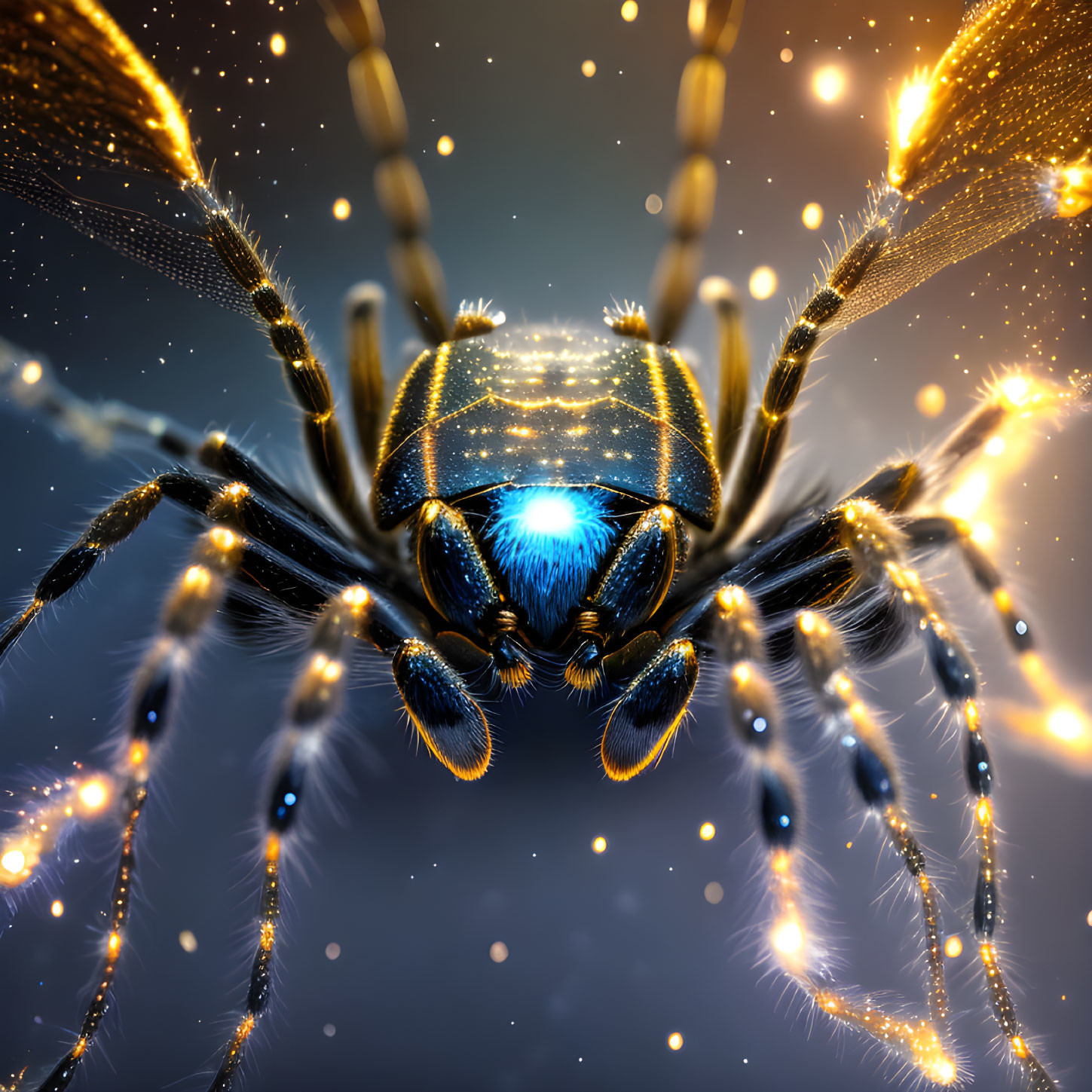 Golden spider digital art with blue glowing eye on starry night backdrop