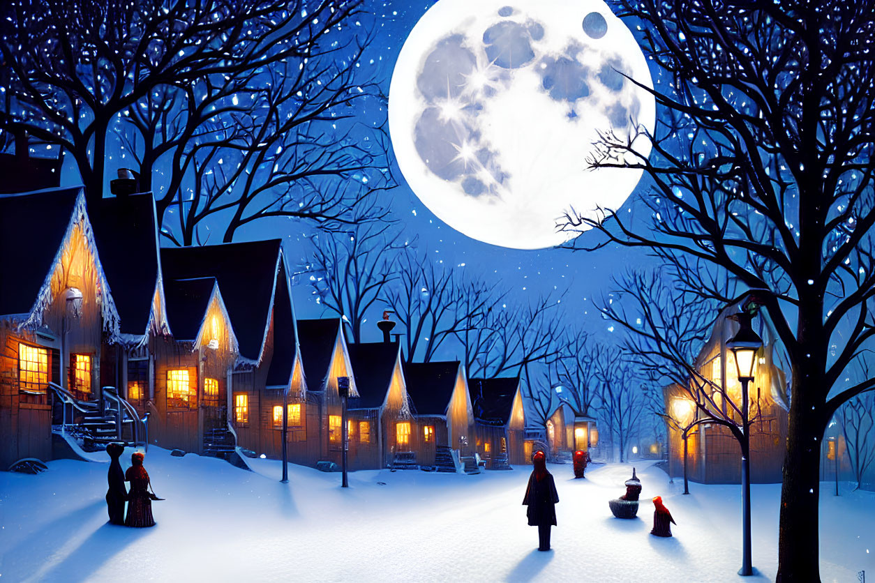 Snow-covered houses, full moon, bare trees, people, snowman in winter night scene