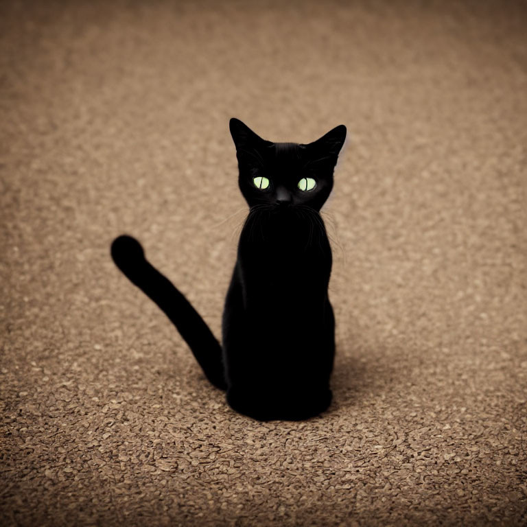 Black Cat with Glowing Green Eyes on Textured Tan Carpet