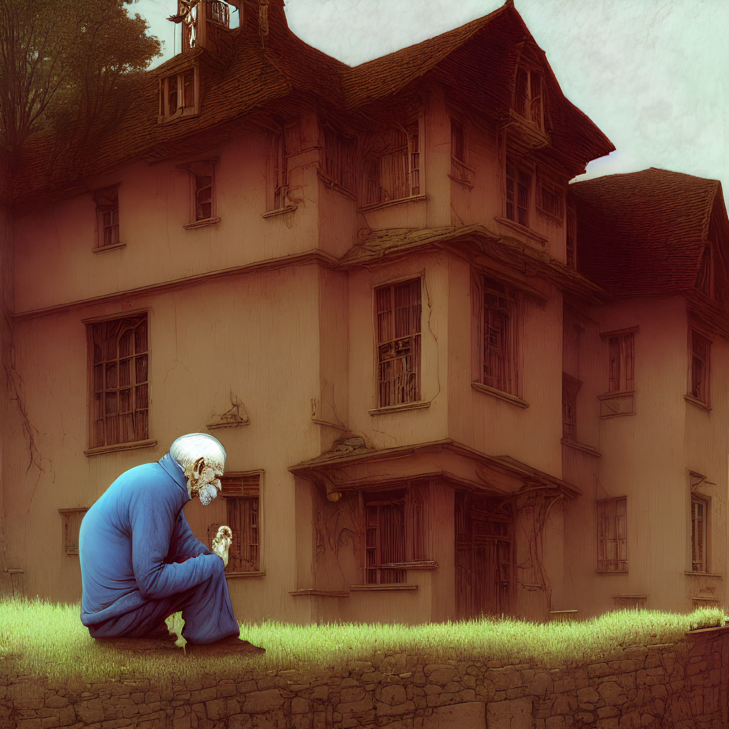 Giant elderly figure in blue clothes beside small traditional house in surreal setting
