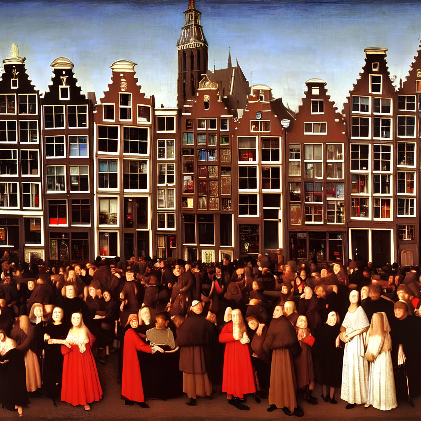 Dutch city square painting with period clothing and gabled houses