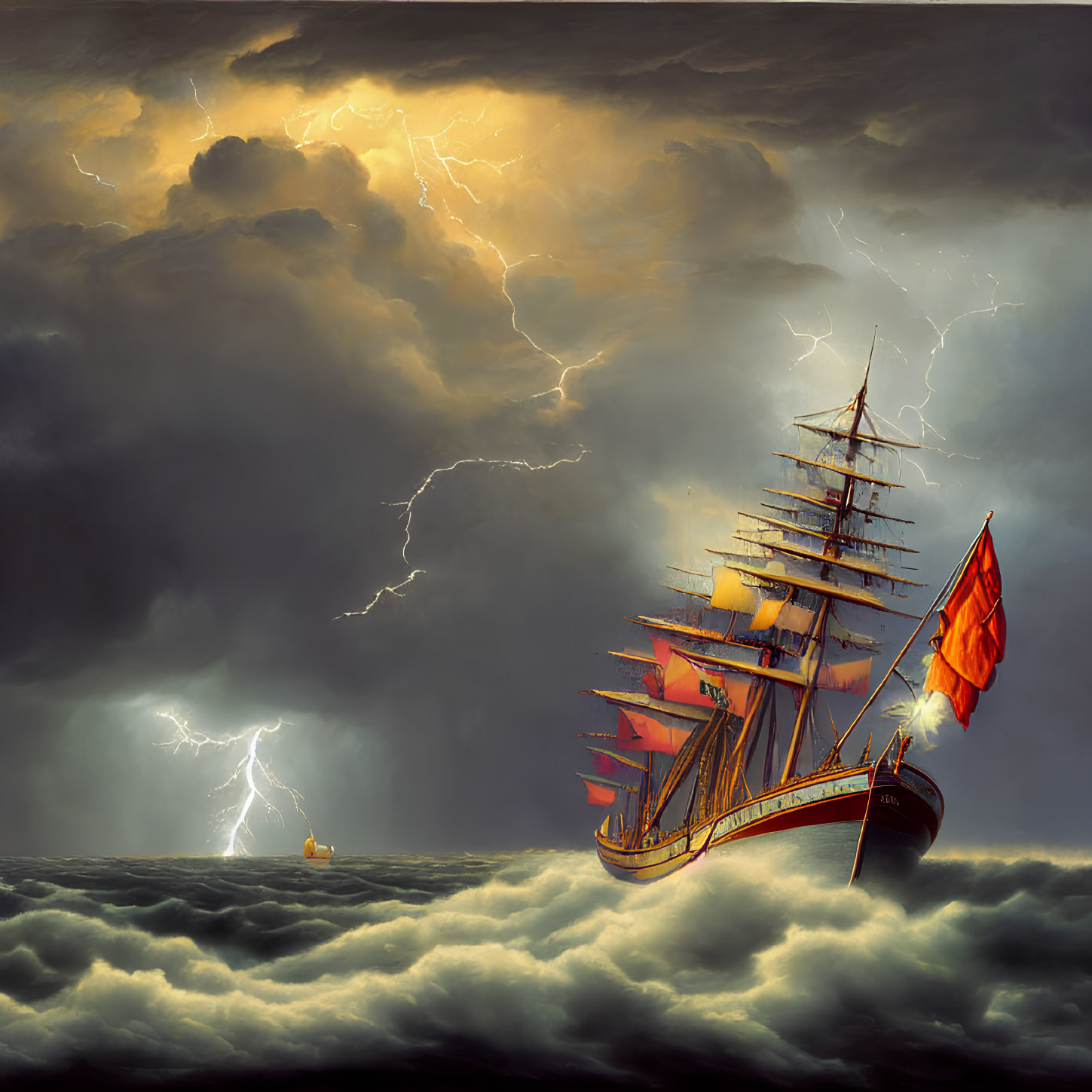 Majestic sailing ship with red sails in stormy sea with lightning