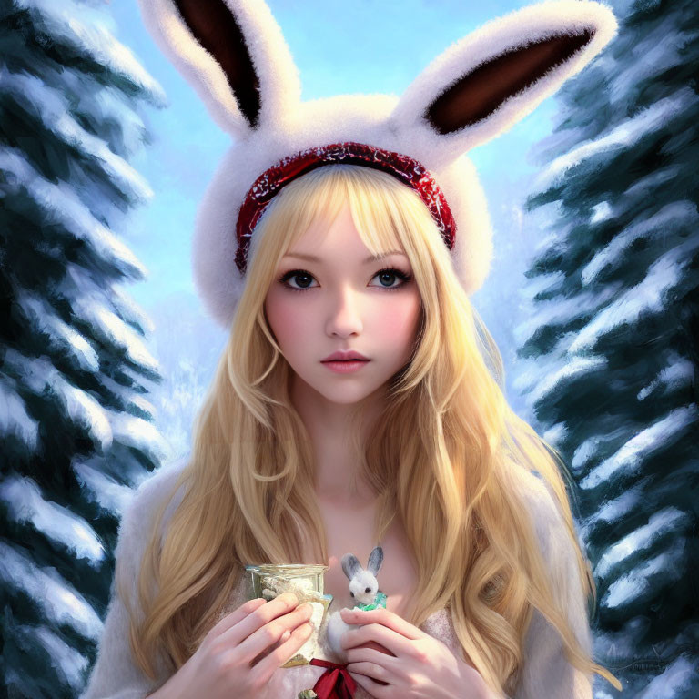 Blonde person with bunny ears, holding figurine in snowy forest.