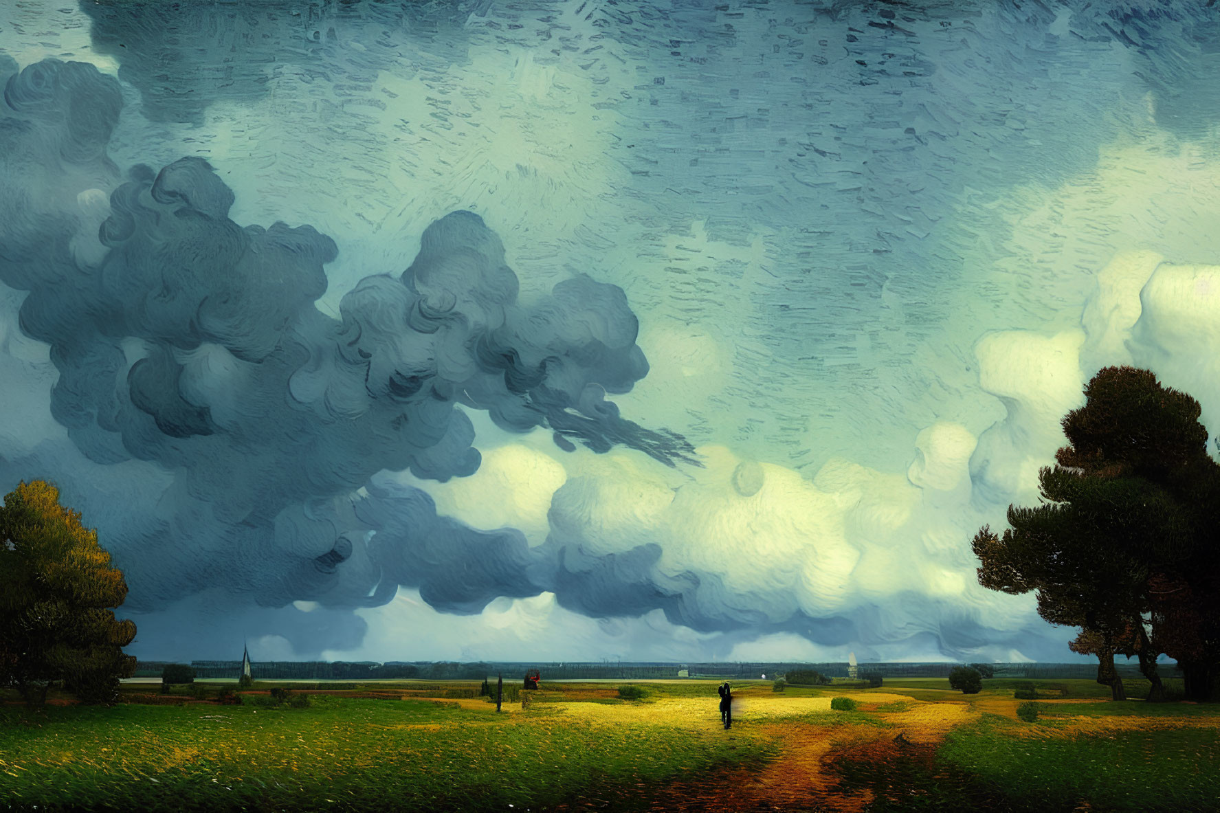 Dramatic swirling sky over green rustic landscape