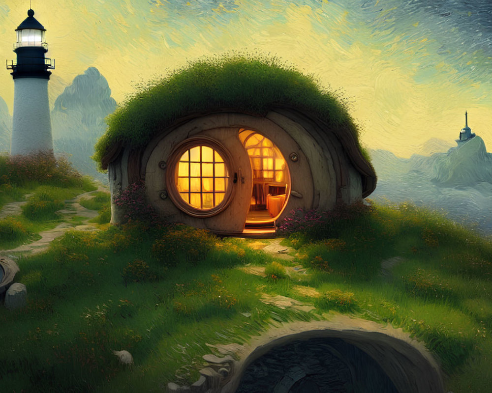 Hilltop hobbit-style house with round door near lighthouse at sunset