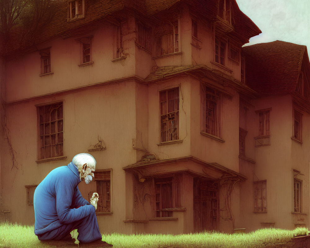 Giant elderly figure in blue clothes beside small traditional house in surreal setting