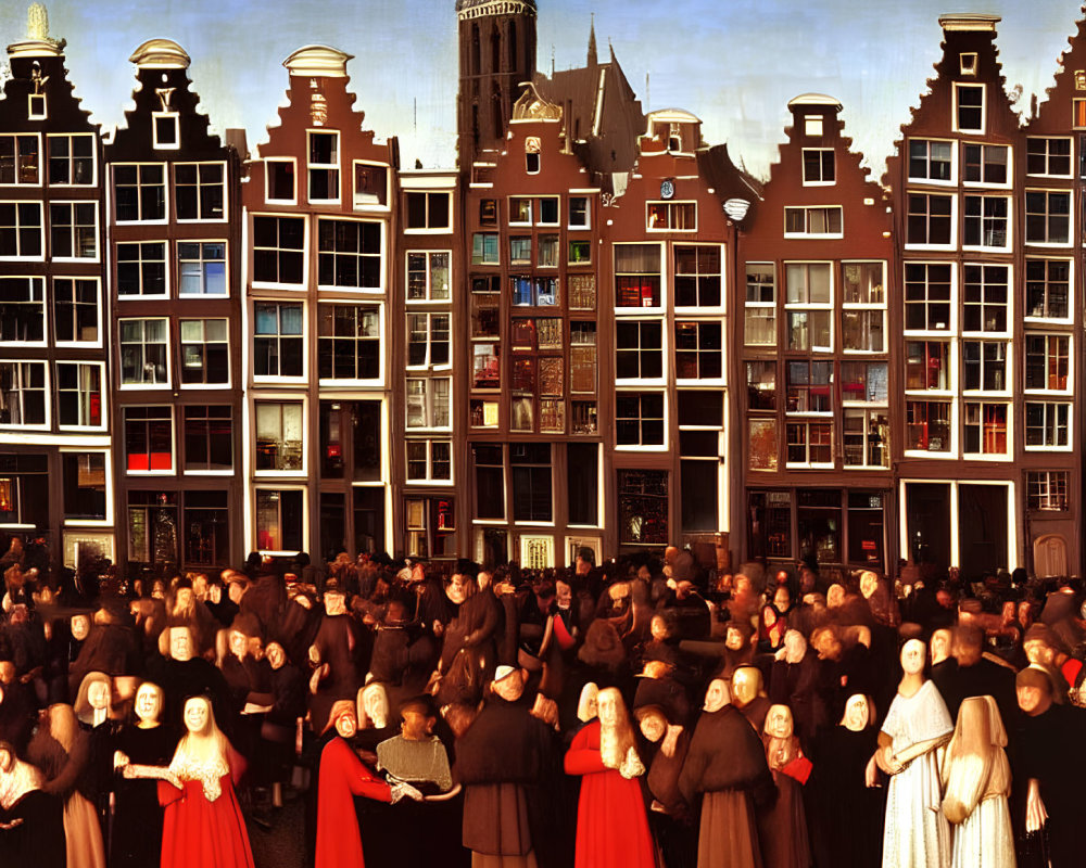 Dutch city square painting with period clothing and gabled houses