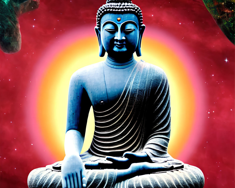 Serene Buddha statue meditating with vibrant halo on cosmic background
