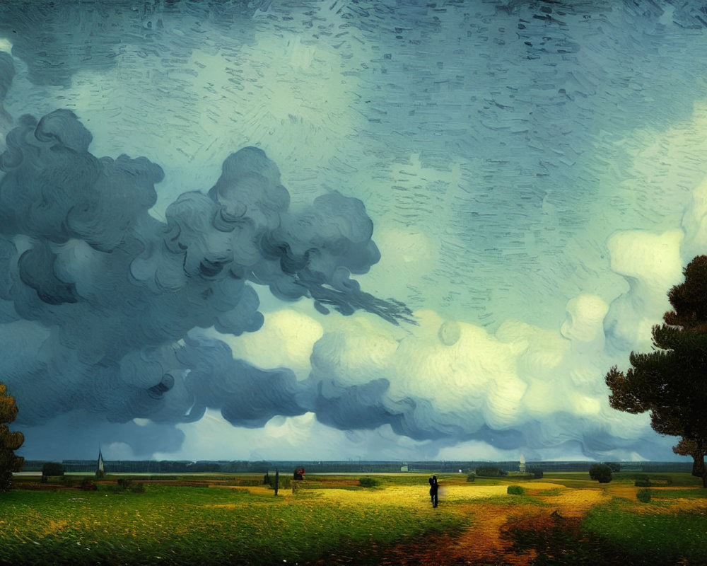 Dramatic swirling sky over green rustic landscape
