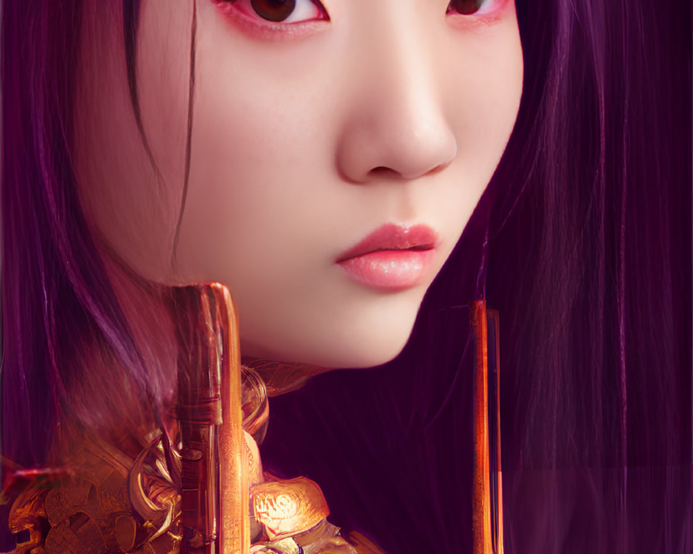 Vibrant digital artwork: person with purple hair and mechanical dragon.