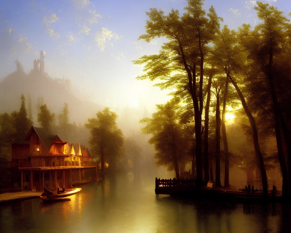 Riverside sunrise with boat, misty castle, and wooden houses