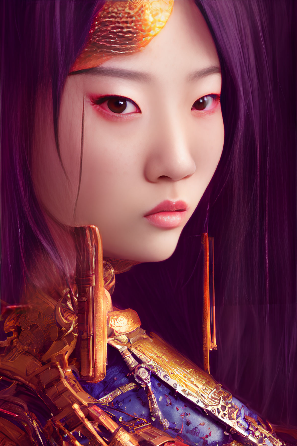 Vibrant digital artwork: person with purple hair and mechanical dragon.