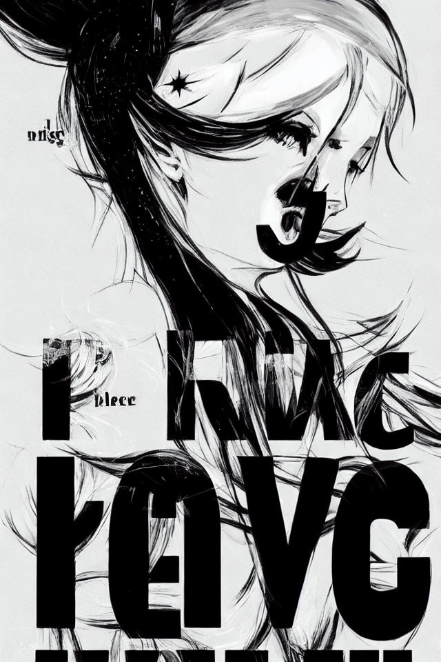 Monochrome stylized female figure with flowing hair and fragmented text overlay