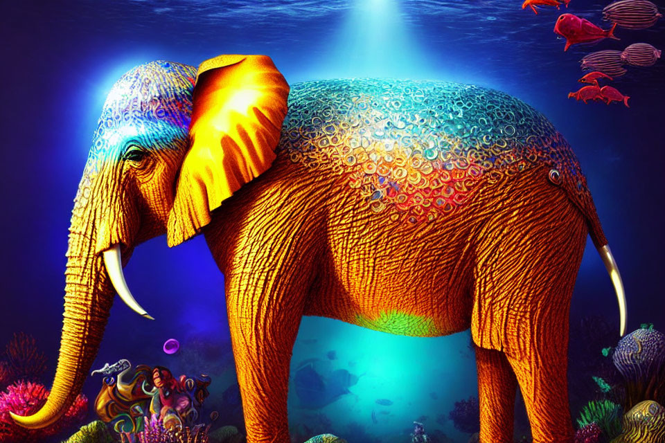 Colorful Elephant Underwater Surrounded by Fishes and Coral