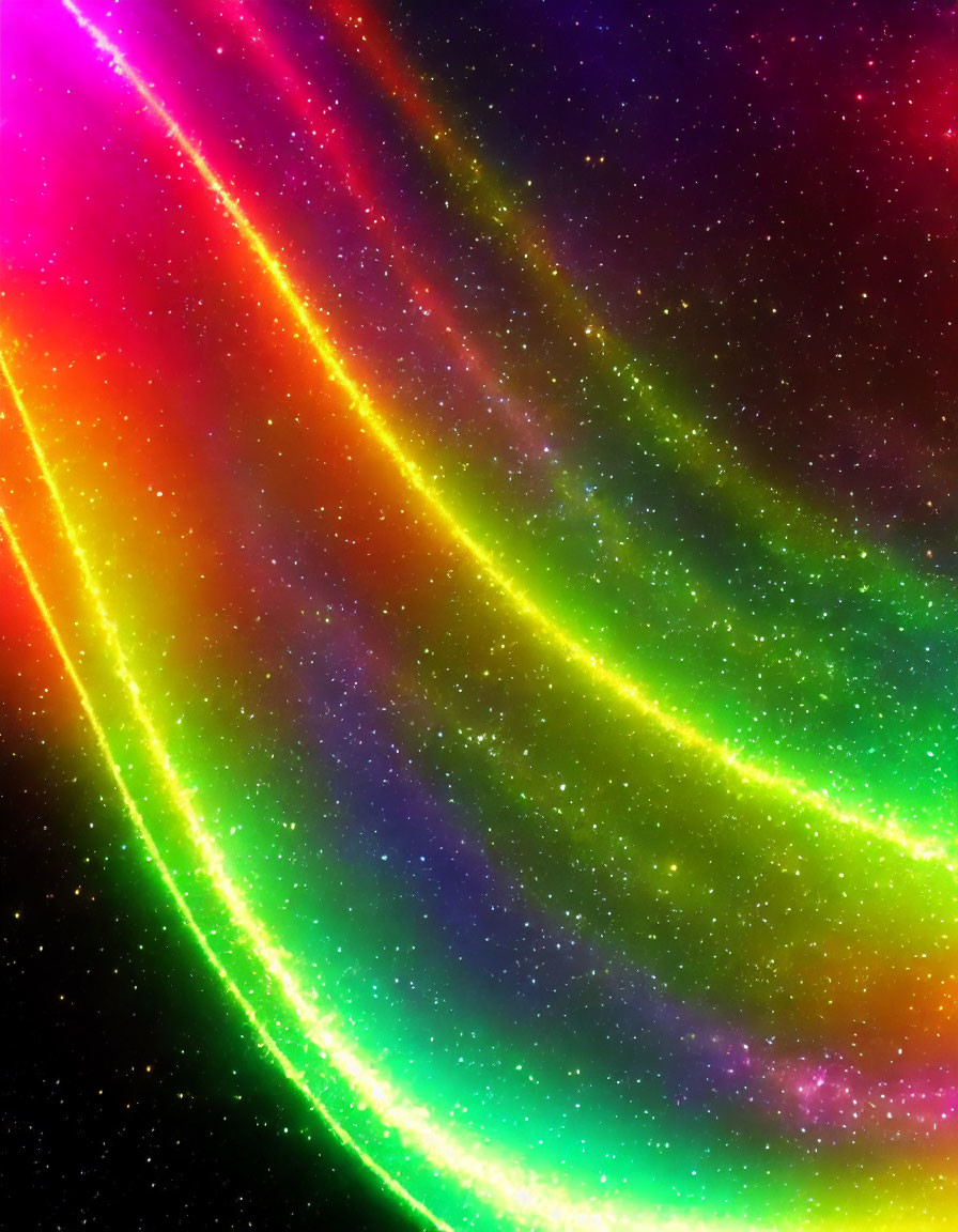 Colorful Neon Light Streams Against Starry Space Background