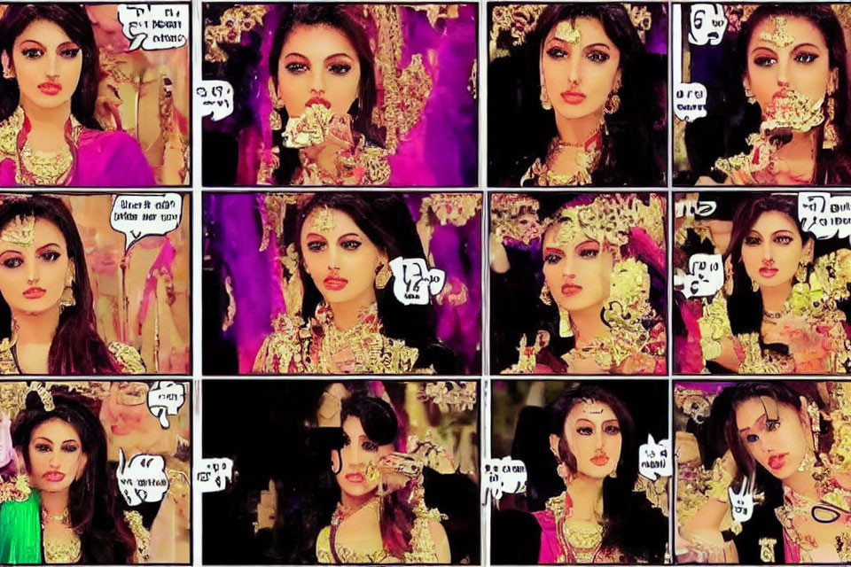 South Asian bridal attire woman collage with comic speech bubbles