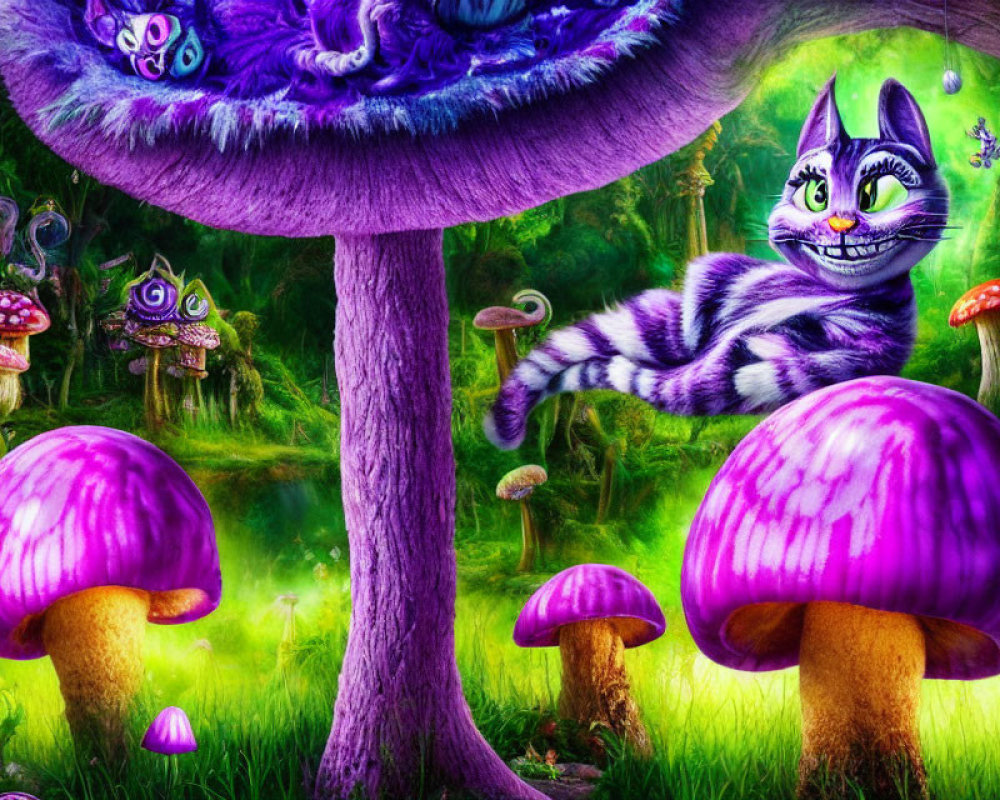 Whimsical Cheshire Cat on Purple Mushrooms in Fantasy Forest