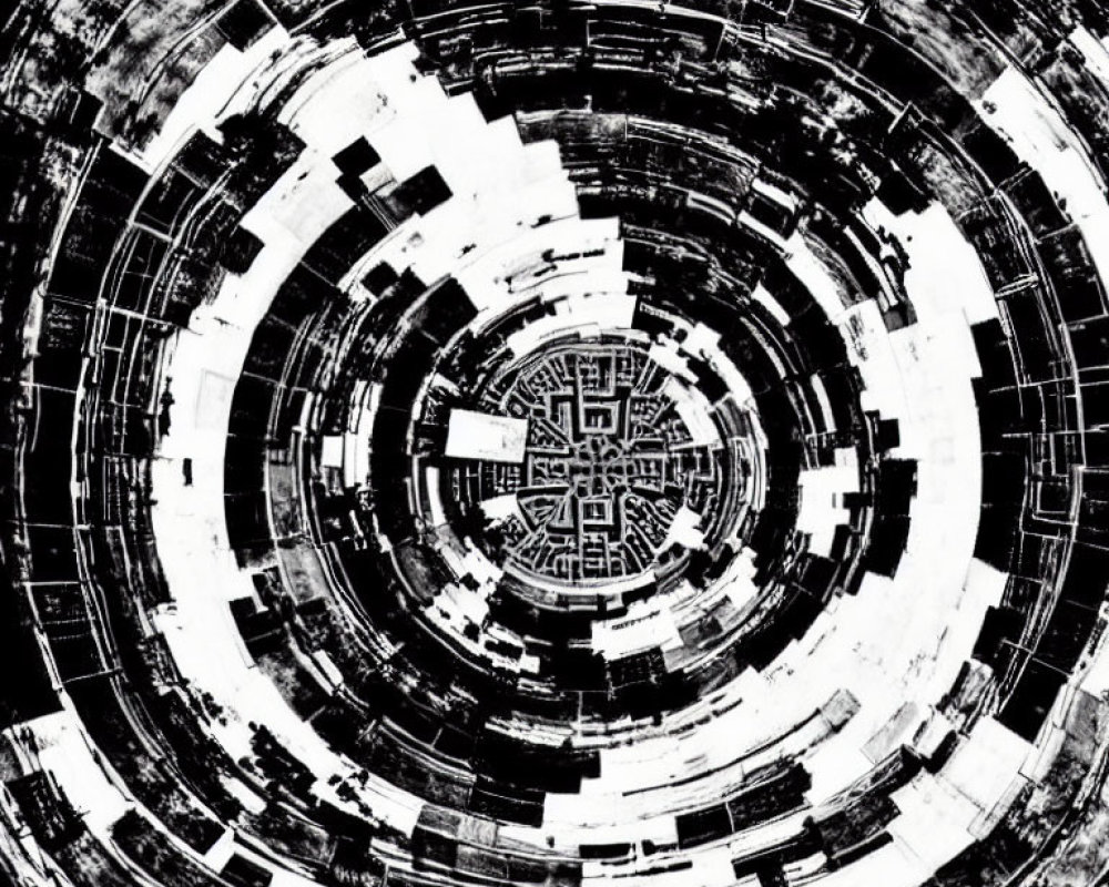 Monochromatic abstract art with concentric circular patterns and maze-like core