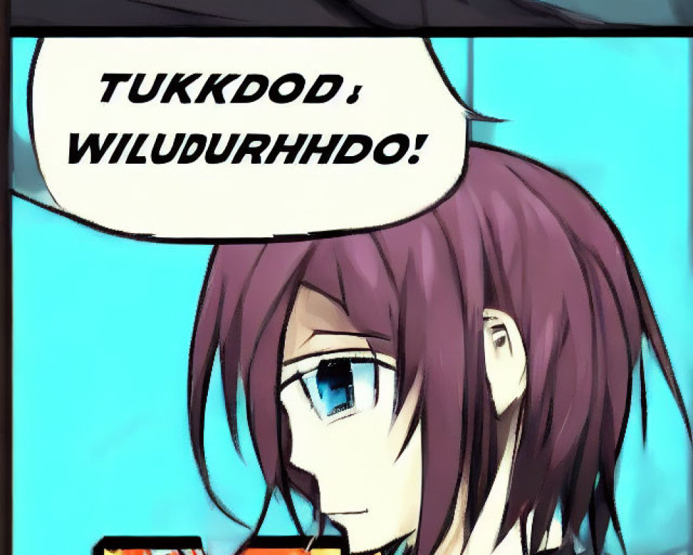 Anime-style character with purple hair biting snack and speech bubble.