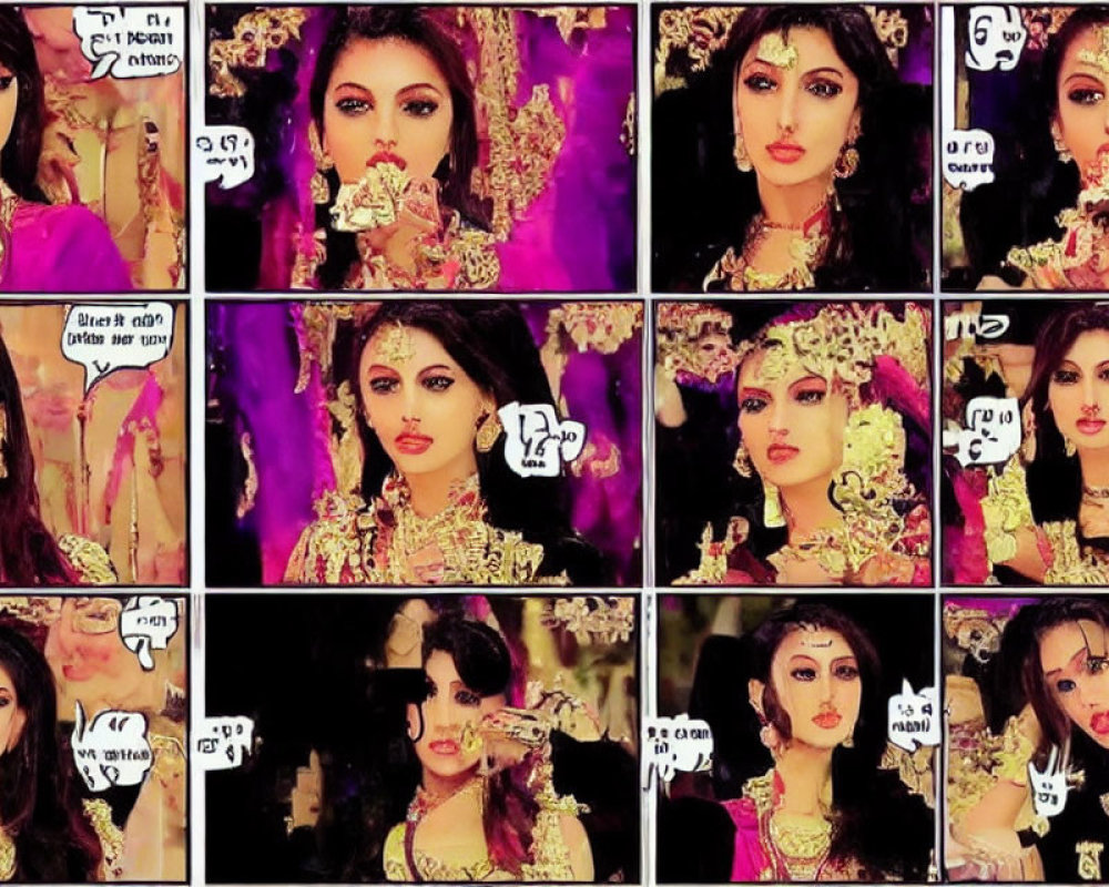 South Asian bridal attire woman collage with comic speech bubbles