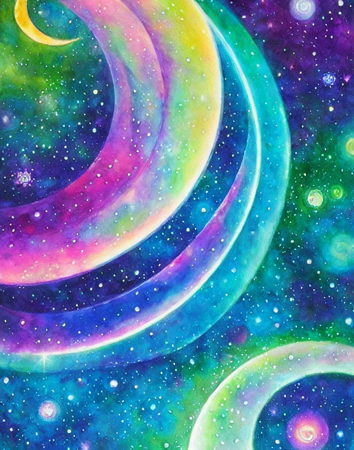 Colorful Cosmic Painting of Swirling Galaxies and Stars