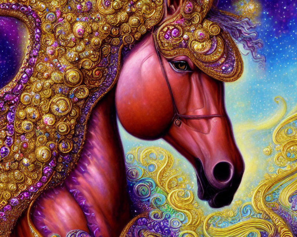 Colorful Horse Illustration with Golden Embellishments and Starry Background