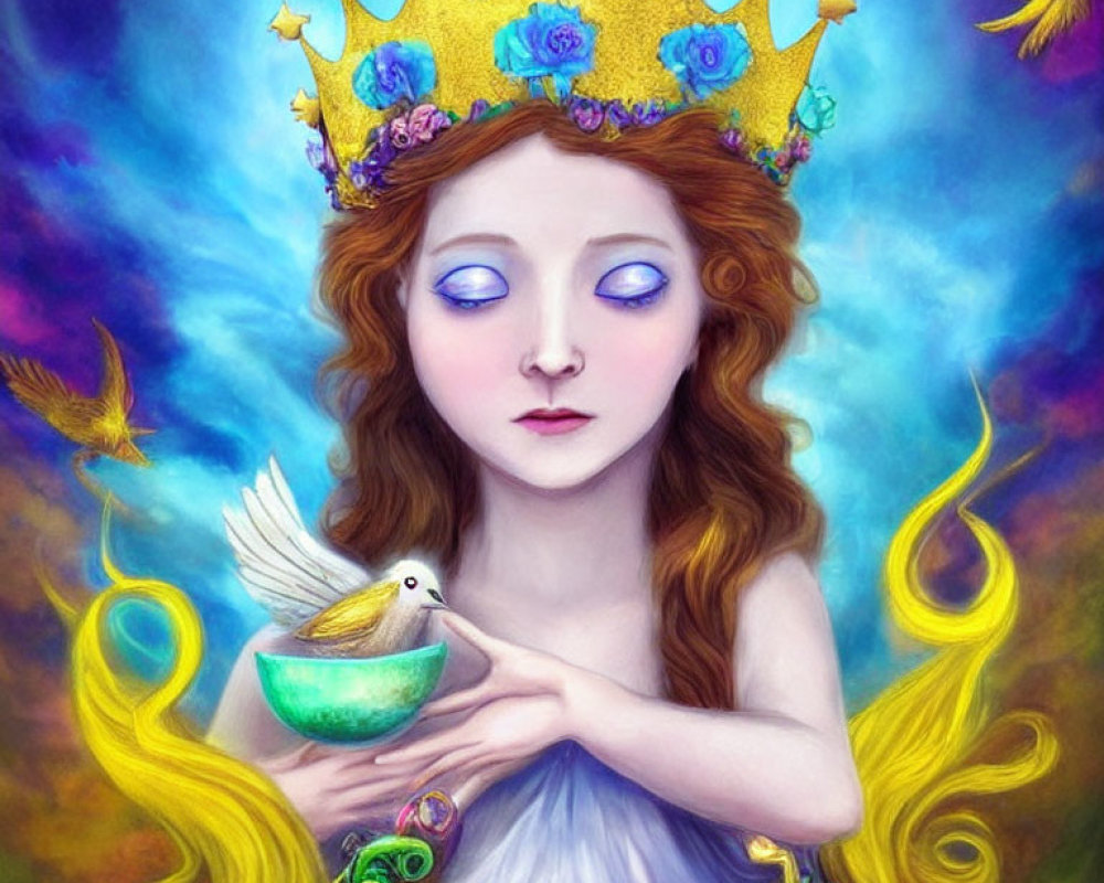 Fairytale-inspired girl with golden crown and blue roses, holding white bird in bowl, yellow hair