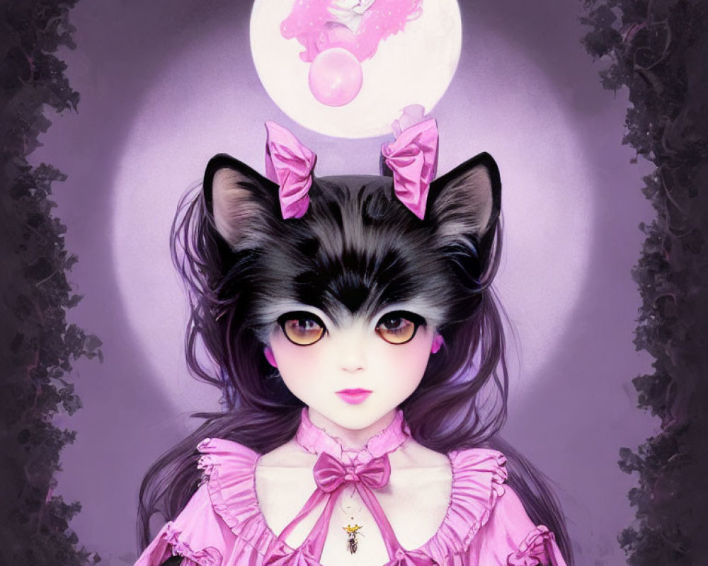 Illustration of girl with black cat features, violet eyes, pink frilly dress.