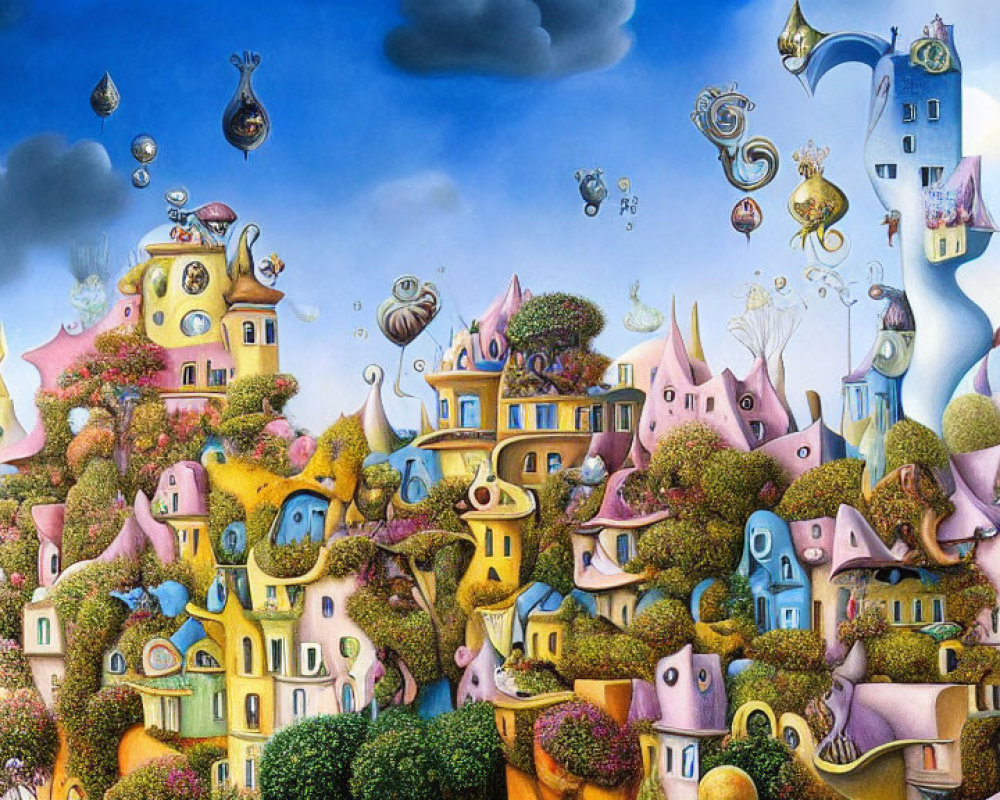 Whimsical surreal landscape with colorful buildings and floating clocks